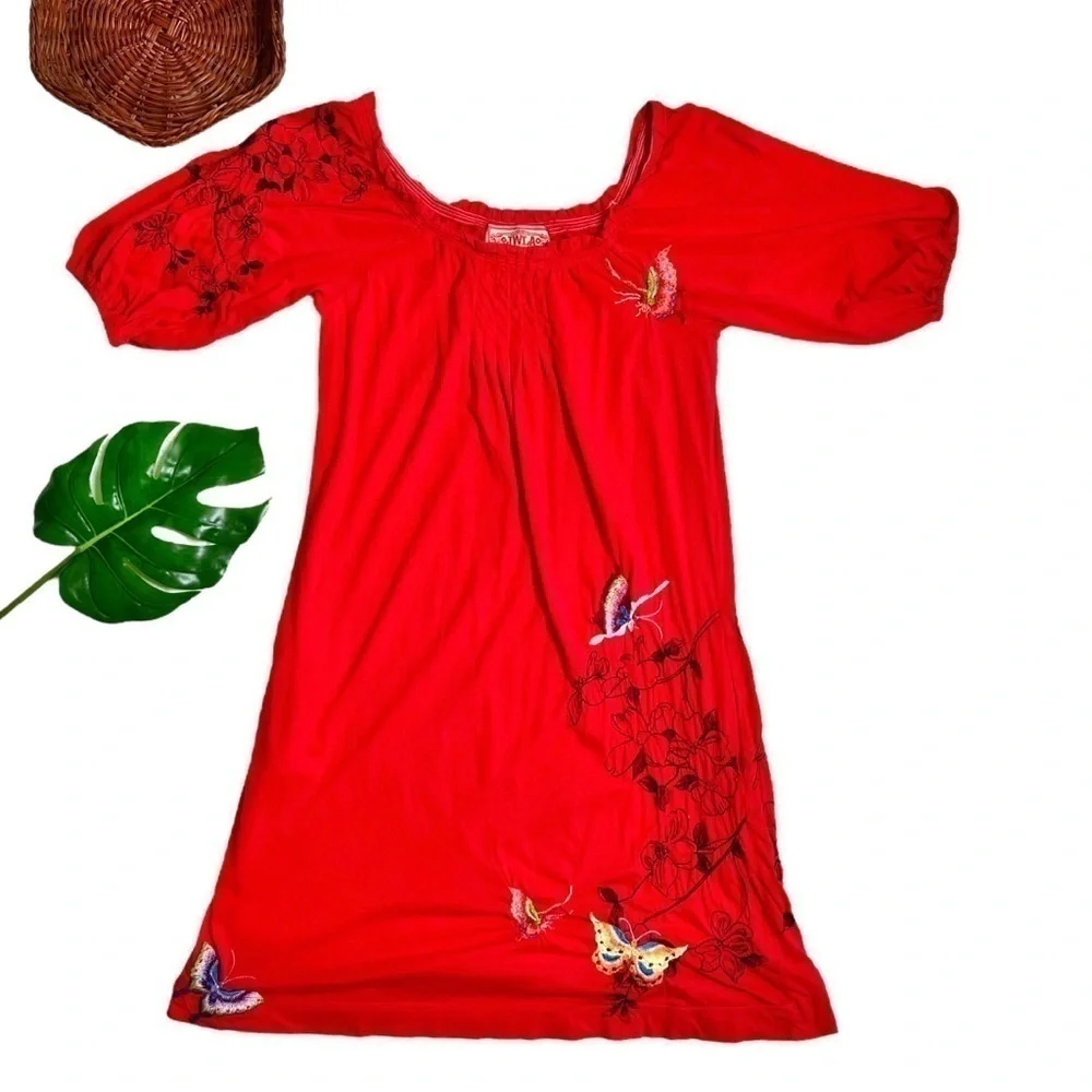 JW Los Angeles Johnny Was Red Multi Floral Butterfly Embroidered Dress Small
